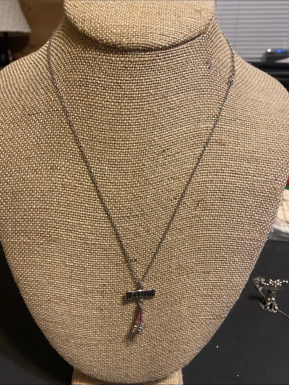 Eiffel Tower Pendant Necklace with Big Sis on one and Lil Sis on the other